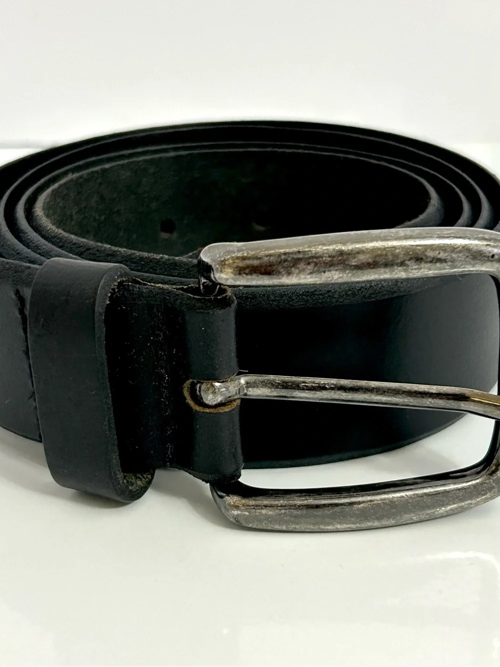 LL Bean Classic Black Leather Men's Belt with Silver Buckle Made in UK